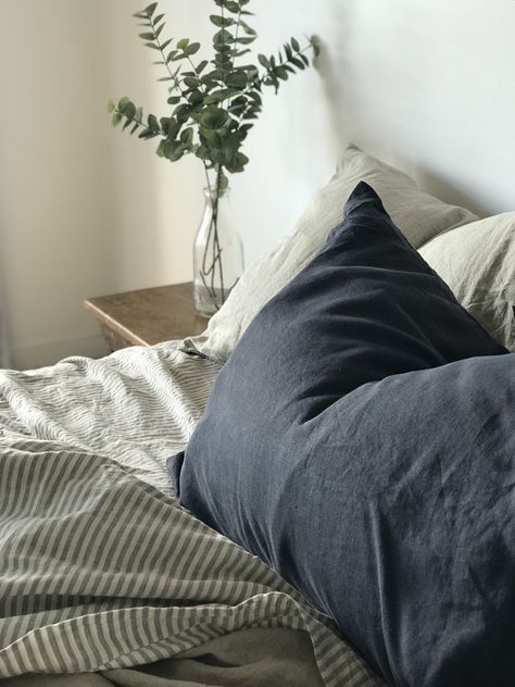 French Linen duvets, sheets and pillowcases. Beautiful bedroom styling www.foxtrothome.co.nz Navy Blue Bedding, Interior Design Minimal, Man Bedroom, Appartment Decor, Earthship Home, Bedroom Styling, Cottage Bedroom, Beautiful Bedroom, Hygge Home