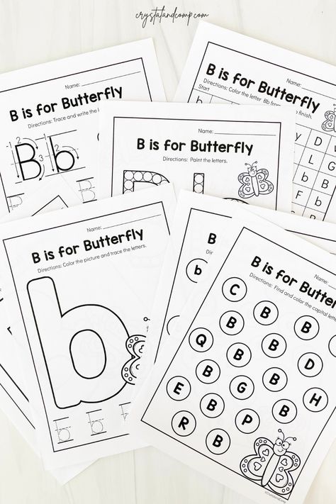 If you are on the hunt for B is for Butterfly printables as you are working on letters of the alphabet with your preschooler or young learner, this seven page pack is perfect! B Is For Butterfly Craft, Letter B Butterfly Craft, B Is For Bee Worksheet, Free Letter B Printables, Preschool Bug Theme, Alphabet School, Butterfly Letters Alphabet, Letter B Activities, Butterfly Lessons