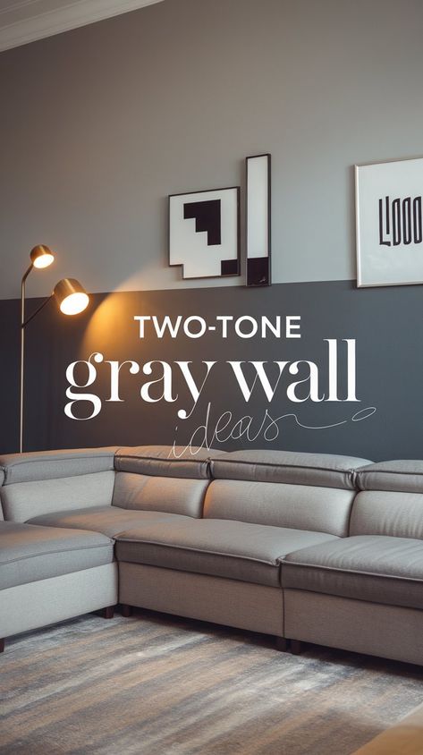 Transform your space with the elegance of two-tone gray walls! ???? Perfect for your living room or gray bedroom walls, these design ideas add depth and sophistication. Choose from a variety of grey paint colors to create the ideal ambiance. The right room paint colors can change the feel of your space—especially with a striking blue gray paint color accent! Which style is your favorite? #gg #homedesigninsider #twotonegraywalls Gray Wall Basement Ideas, Best Accent Colors For Grey Walls, Living Room Designs Gray Walls, Light Gray Accent Wall, Gray Paint Colors For Living Room, Two Tone Walls Living Room, Accent Colors With Gray Walls, Grey Feature Wall Living Room, Grey Wall Paint Ideas