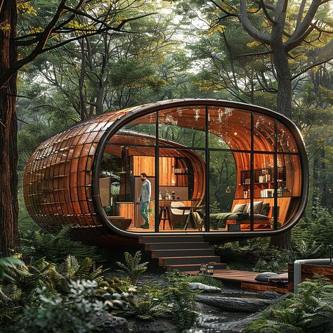 Nestled in the lush forests of Mazandaran, Iran, this futuristic cabin harmonizes with the surrounding natural beauty. The pod-like structure, crafted with a blend of wood and expansive glass panels, offers breathtaking views of the dense, verdant landscape.   #architecture #house #interiordesigner #decor #diy #homedecor #amazingarchitecture #interiordesign #contemporaryhome #modern #residence #designer #home #garden Futuristic Cabin, Landscape Architecture House, Mazandaran Iran, Airstream Restoration, House Balcony Design, Architecture Sketchbook, House In Nature, Racing Car Design, Modern Residence