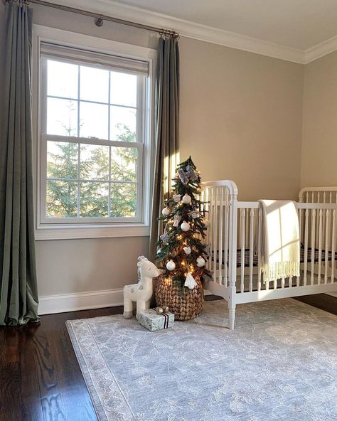 Dark Wood Floor Nursery, Nursery With Dark Wood Floors, Nursery Rugs Neutral, Nursery Rugs Boy, Dark Wood Flooring, Grey Nursery Walls, Nursery Window, Wood Crib, Nursery Room Rugs