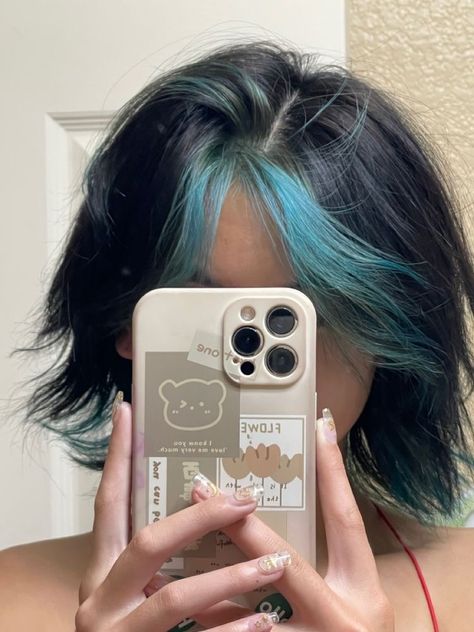 Haircuts With Dyed Hair, Black To Teal Hair, Black Teal Hair, Underbangs Dyed, Teal Wolfcut, Black Hair With Teal Highlights, Teal Highlights In Black Hair, Teal Underneath Hair, Colored Curtain Bangs