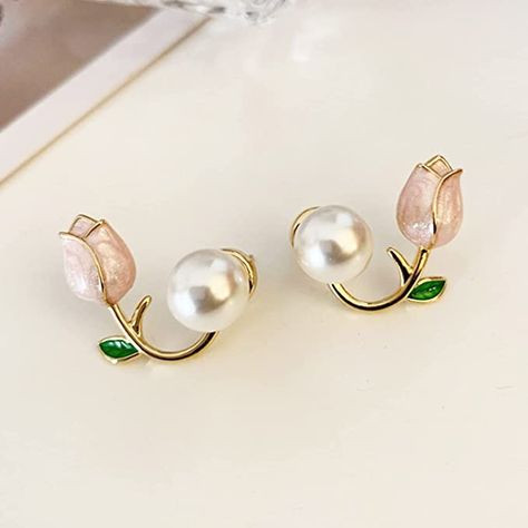 Tulip Earrings for Women Tulip Earrings, Front Back Earrings, Earrings For Girls, Earrings Pink, Girls Earrings, Cuff Earrings, Pearl Studs, Pink Flower, Earrings For Women