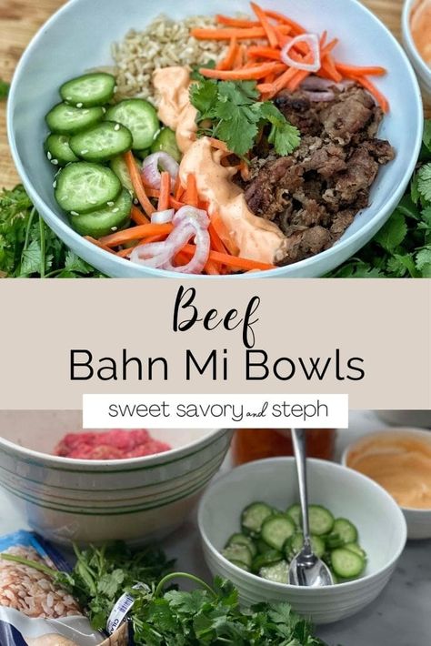 Ground Beef Bahn Mi Bowl, Keto Bahn Mi Bowl, Beef Bahn Mi Bowl, Bahn Mi Bowls, Beef Bahn Mi, Bahn Mi Bowl, Rad Diet, Shaved Beef Recipes, Beef Banh Mi