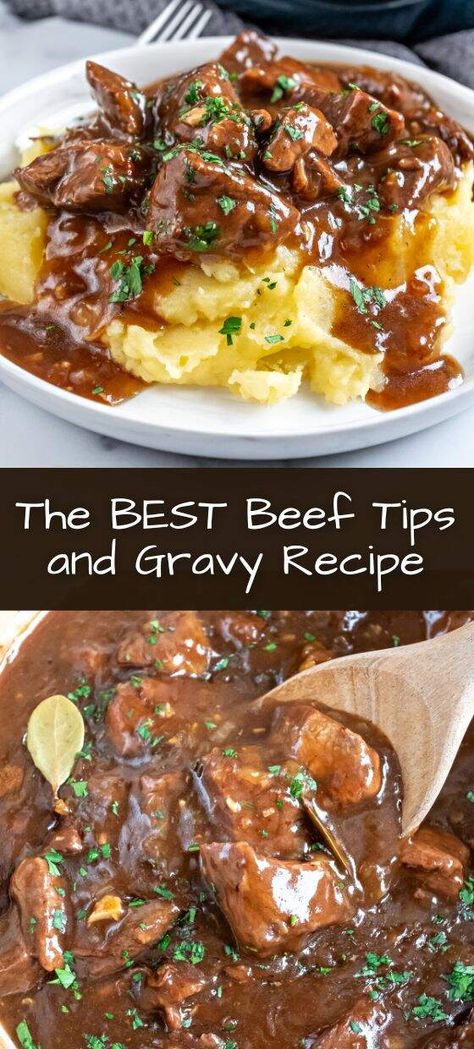 Best Beef Tips And Gravy, Best Beef Tips, Bottom Round Steak Recipes, Beef Tips And Gravy Recipe, Top Round Steak Recipes, Chuck Steak Recipes, Stewing Beef, Beef Tip Recipes, Round Steak Recipes