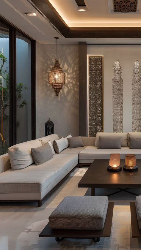 Islamic Majlis, Modern Islamic Interior, Modern Arabic Interior, Arabic Living Room, Majlis Design, Islamic Interior Design, Islamic Interior, Arabic Majlis, Living Room Decor Lights