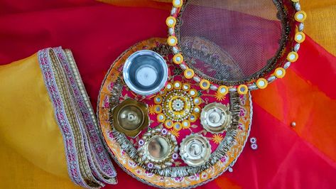 Hand crafted karva chauth thali set with cover in pink and yellow | karwa chauth Karva Chauth Thali, Karva Chauth, Wrapping Ideas, Pink And Yellow, Hand Crafted, Gift Wrapping, Yellow, Pink, Gifts