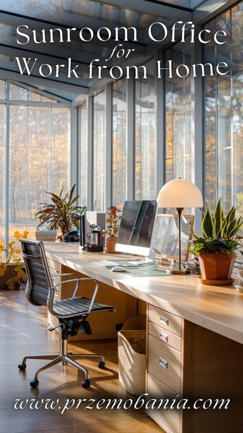 Transform your sunroom into a cozy office setup with warm autumn colors and natural light. Integrate comfy furniture, fall color palette, and large windows to create a perfect WFH environment. Add a touch of bohemian home office style & include plants for a natural vibe. This cozy house setup is ideal for enjoying the fall season while working. #Sunroom #CozyHouse #FallDecorIdeas #NaturalLight #WarmAutumnColors #HomeOfficeSetup #BohemianHomeOffice #HomeOfficeIdeas #OfficeRoomDecor #CozyRoomDecor Home Office In Conservatory, Sunroom Office Ideas, Bohemian Home Office, Curtains Or Shades, Comfy Furniture, Sunroom Office, Office With A View, Garden Home Office, Sunroom Decorating