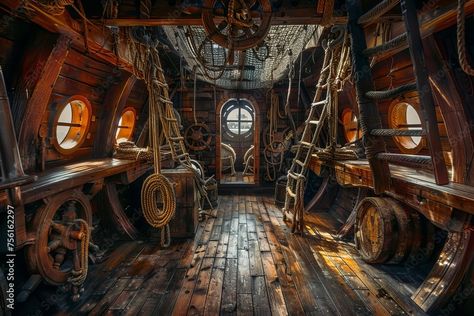 inside of pirate ship medieval Stock Illustration Inside Pirate Ship, Pirate Ship Interior Design, Old Ship Interior, Pirate Ship Room, Pirate Ship Interior, Pirate Cabin, Pirate Office, Pirate Ship Battle, Pirate Escape Room