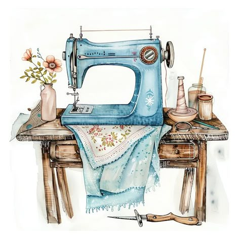 Sewing Machine Drawing, Watercolor Cottage, Sewing Logo Design, Sewing Logo, Sewing Machine Tables, Fabric Crafts Diy, Old Sewing Machines, Disney Coloring Pages, Business Card Maker