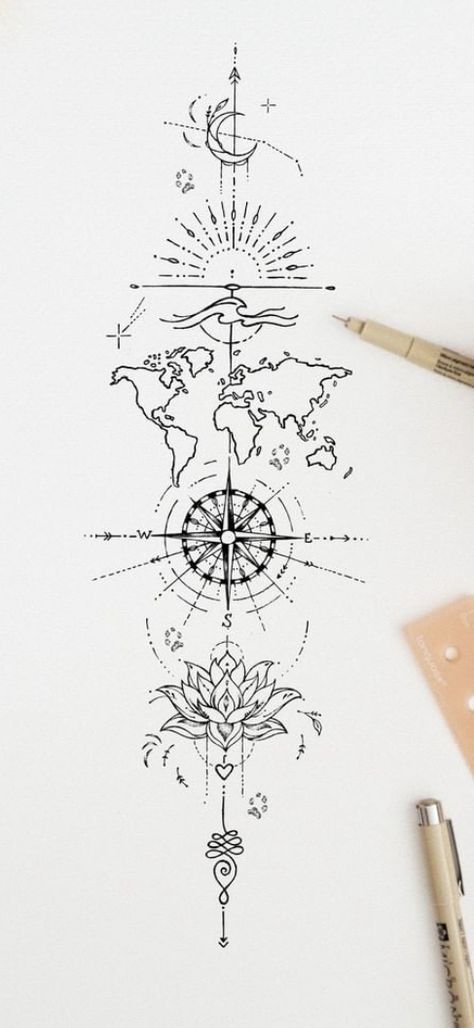 Tattoo Ideas Meaning Freedom, Compass Tattoo Feminine Thigh, Compass Tattoo Spine, Compass Spine Tattoos For Women, Celestial Compass Tattoo, Elegant Compass Tattoo, Compass Sleeve Tattoo Women, Woman Compass Tattoo, Travel Spine Tattoo