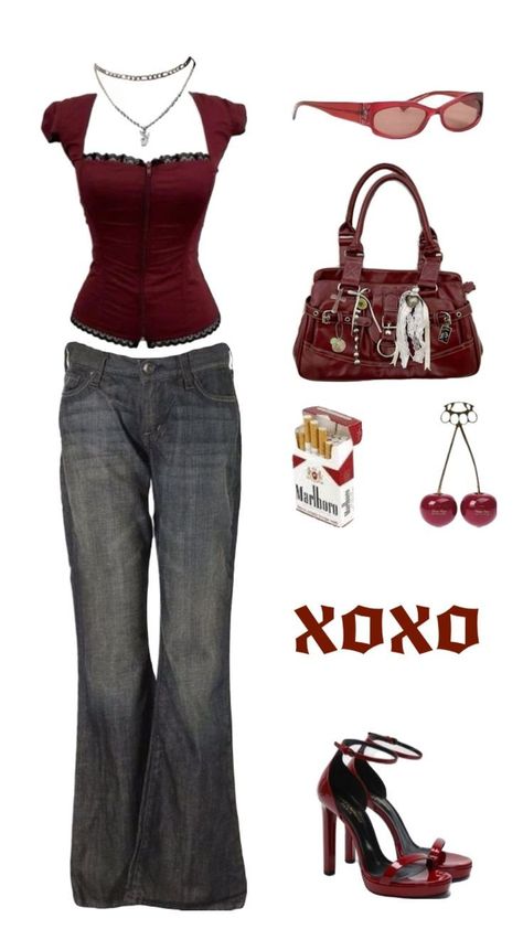 Red Top Outfit Y2k, Alternative Red Outfits, 2004 Fashion Outfits, Red Grunge Outfit Aesthetic, Red Acubi Outfit, Red Top Jeans Outfit, Red 2000s Outfit, Red Outfit Collage, Red Alternative Outfits