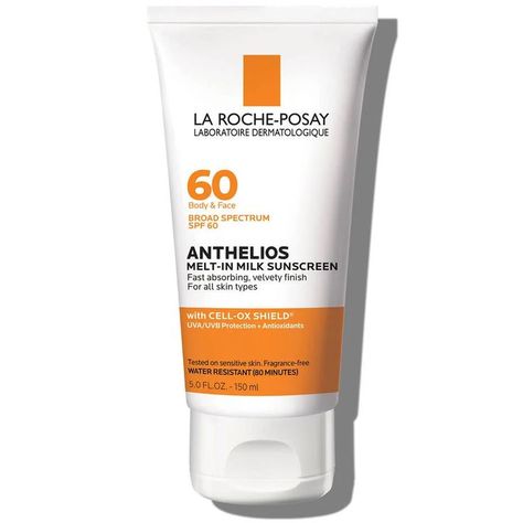 La Roche-Posay Anthelios Melt-In Milk Sunscreen SPF 60 has a creamy consistency that feels more like that of a body lotion than a sunscreen. It sinks into skin immediately, drying to a velvety finish. La Roche Posay Sunscreen, Good Sunscreen For Face, Sunscreen For Face, Sunscreen For Sensitive Skin, Best Sunscreens, Facial Sunscreen, Body Sunscreen, Face Lotion, Sunscreen Lotion