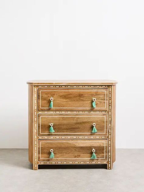 Chest Of Drawers For Bedroom, Oliver Bonas Furniture, Boho Drawers, Blue Storage Ottoman, Mango Wood Bedside Tables, Green Sideboard, Painted Wood Chest, Chest Of Drawers Design, Kids Bedside Table