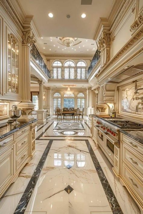 Rich Houses Interior Kitchen, Big Fancy Kitchen, Mansion Interior Kitchen, Old Money Kitchen, Mansion Kitchen Luxury, Kitchen Rug Placement, Modern Mansion Kitchen, Kitchen Small Apartment, Kitchen Rug Ideas