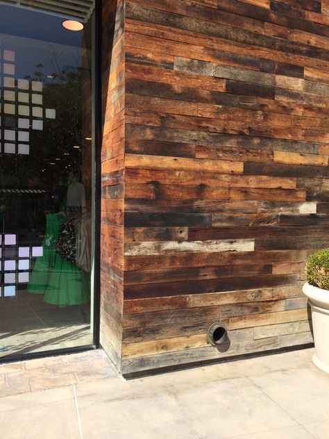 Reclaimed wood exterior wall Reclaimed Wood Exterior, Wood Tv Wall, Panel Walls, Wood Exterior, Landscape Designer, Wood Tv, Gym Design, Wood Panel Walls, Store Display