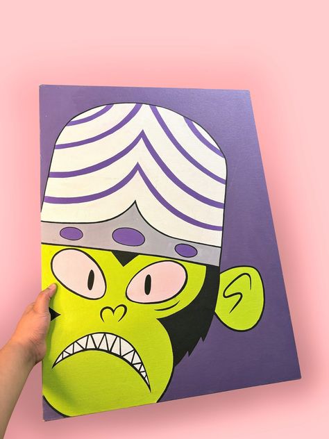 Mojo Jojo Painting, Frankenstein Canvas Painting, Character Canvas Painting, Cartoon Paintings Easy, Cartoon Paintings, Art Mini Toile, Mojo Jojo, Acrylic Canvas Painting, Color Drawing Art