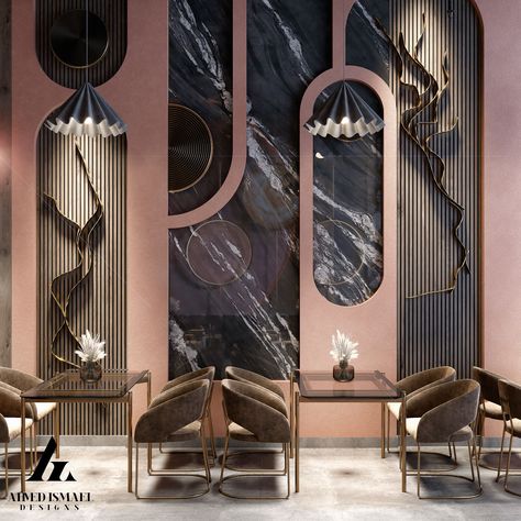 𝐋𝐔𝐗𝐔𝐑𝐘 𝐂𝐀𝐅𝐄` 𝐃𝐄𝐒𝐈𝐆𝐍 :: Behance Luxury Cafe Design, Restaurant Wall Design Ideas, Cafe Wall Design, Wall Panelling Design, Hotel Lobby Interior Design, Office Interior Design Luxury, Luxury Cafe, Luxury Restaurant Interior, Luxury Hotels Lobby