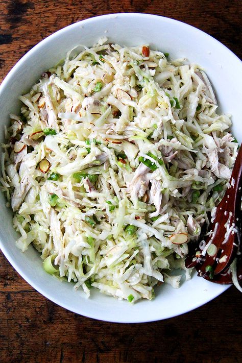 Chicken and Cabbage Salad with Sesame Seeds, Scallions and Almonds - this one is inspired by the sumi salad at the Honest Weight Food Coop in Albany. Salting the cabbage, a trick I learned from the Slanted Door cookbook, makes all the difference in the world. Add chicken makes it a meal. Chicken Cabbage Salad, Healthy Coleslaw Recipes, Vietnamese Chicken Salad, Chicken Cabbage, Healthy Coleslaw, Cabbage Salad Recipes, Tofu Salad, Chicken And Cabbage, Cabbage Salad