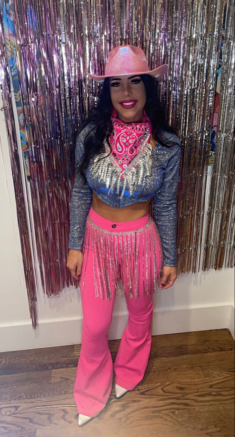 Space Cowgirl Outfit Ideas, Plus Size Disco Cowgirl, Neon Cowgirl Costume, Neon Western Outfit, Neon Cowgirl Outfit, Neon Cowboy Outfit, Pink Cowgirl Rave Outfit, Denim Cowgirl Outfit Halloween, Space Cow Girl Costume