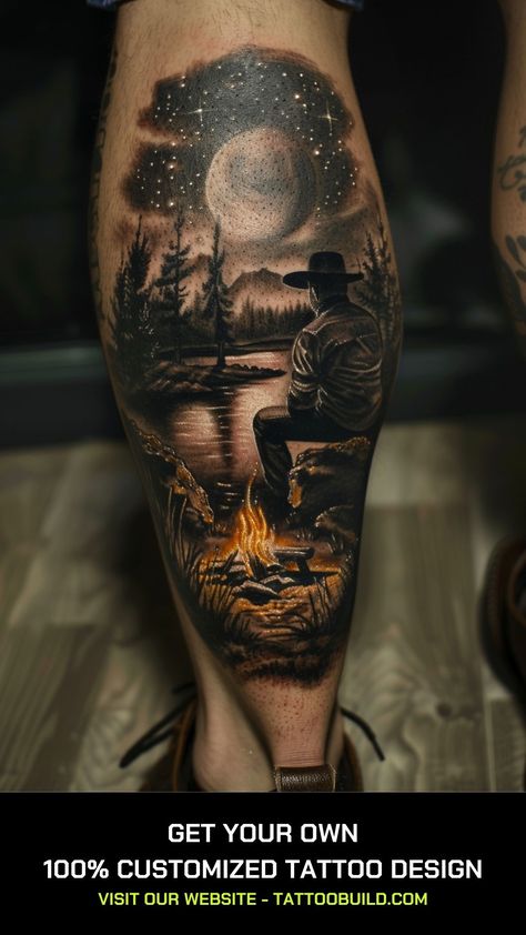 Cowboy Tattoo Ideas: 40 Best designs - Tattoo Build Realistic Hunting Tattoo, Windmill Tattoo Design, Pheasant Hunting Tattoo, Campfire Tattoo Ideas, Western Outlaw Tattoo, Country Style Tattoos For Men, Cowboys And Indians Tattoo, Duck Hunting Tattoos For Guys, Outdoor Tattoo Ideas