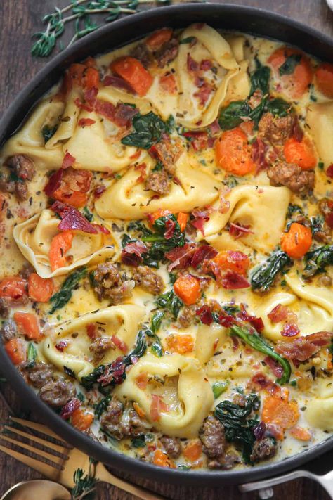 Creamy Italian Sausage Tortellini Soup with Spinach and Carrots in a saucepan. Totillinie Sausage Soup, Sausage Spinach Tortellini Soup, Tortellini Soup With Spinach, Italian Sausage Tortellini, Italian Sausage Tortellini Soup, Julia's Album, Sausage Penne, Carrot Casserole, Soup With Spinach