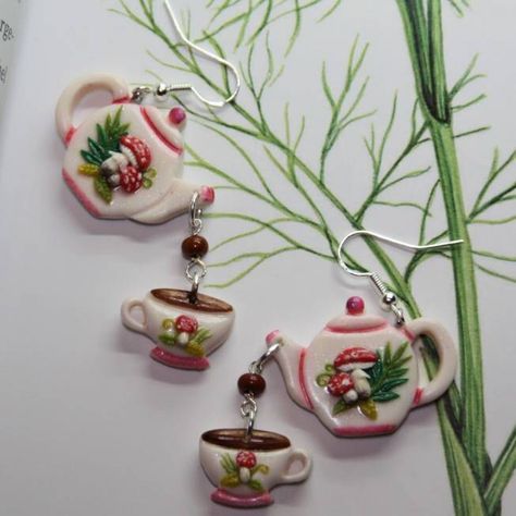 Teapot Earrings, Vintage Clay Earrings, Cottagecore Polymer Clay, Tea Jewelry, Mushroom Tea, Mushroom Crafts, Clay Teapots, Handmade Clay Jewelry, Food Earrings