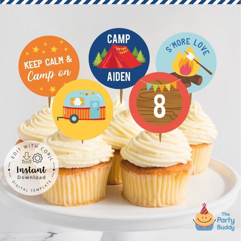 Adding a touch of camping vibes to your sweet treats! Just edit, print, punch out with circle punch, and attach to lollipop sticks. Glamping Birthday, How To Make Cupcakes, Farm Birthday Party, Camping Birthday, Diy Birthday Party, Pumpkin Apple, Camping Party, Camping Glamping, Camping Theme