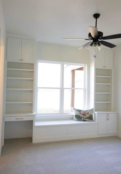 Different Height Windows In Same Room, Built In Bedroom Cabinets Around Window, French Window Seating, Bookshelf And Bench Around Window, Built In Desk And Bench Seat, Small Rumpus Room Ideas, Office Built In With Window, Home Office Window Seat, Built In Desk And Shelves Kids Room