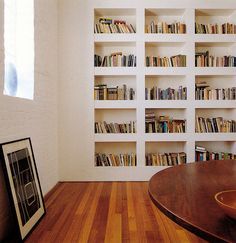 Wall of built-in bookshelves Floor To Ceiling Bookshelves, Recessed Shelves, Loft Inspiration, Lots Of Books, Bookcase Design, White Dining Room, Wall Bookshelves, Home Libraries, Book Shelves