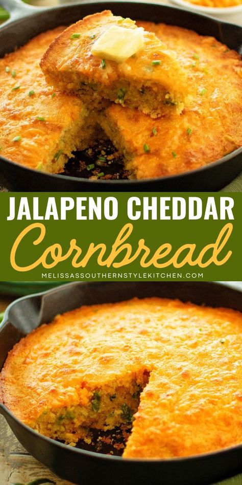 This simple casserole recipe is the BEST jalapeno cheddar cornbread recipe you'll ever try! A sweet jalapeno cheddar cornbread recipe with spices from the peppers. You don't want to miss this side dish recipe, save this now! Jalapeno Cheddar Cornbread Cast Iron, Cornbread Casserole With Jalapenos, Smoked Jalapeño Cornbread, Jalapeno Cornbread With Cream Corn, Jalapeño Cornbread Casserole, Easy Jalapeno Cornbread, Jiffy Jalapeno Cheddar Cornbread, Pinto Beans Soup, Crackling Cornbread