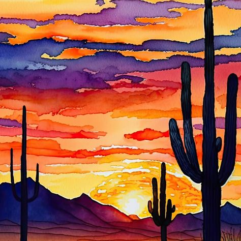 Desert Sunset Print Colorful Watercolor Wall Art Southwest Landscape Gift Saguaro Cactus Beautiful Nature Home Decor - Etsy Simple Desert Landscape Art, Watercolour Desert Landscape, Arizona Sunset Painting, Desert Paintings Acrylic, Desert Watercolor Simple, Simple Desert Painting, Desert Watercolor Paintings, Saguaro Painting, Watercolor Desert Landscape