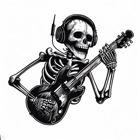 Skeleton Playing Guitar Tattoo, Skeleton With Headphones, Jeep Tattoo, Holding A Guitar, Hat Bar, Guitar Tattoo, Halloween Figures, Skeleton Tattoos, Music Drawings