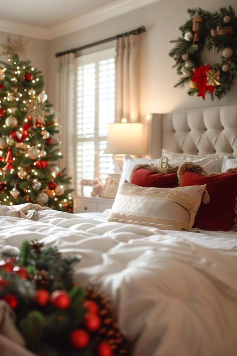 Christmas Bedroom Decor Ideas & Festive Tips Christmas Inspired Bedroom, Christmas Bedding Cozy, Christmas Bedroom Inspiration, Bedroom Christmas Decor Simple, Traditional Christmas Bedroom, Farmhouse Christmas Bedroom Decor, Vintage Christmas Bedroom, Girls Christmas Bedroom, Christmas Decor Bedroom Ideas