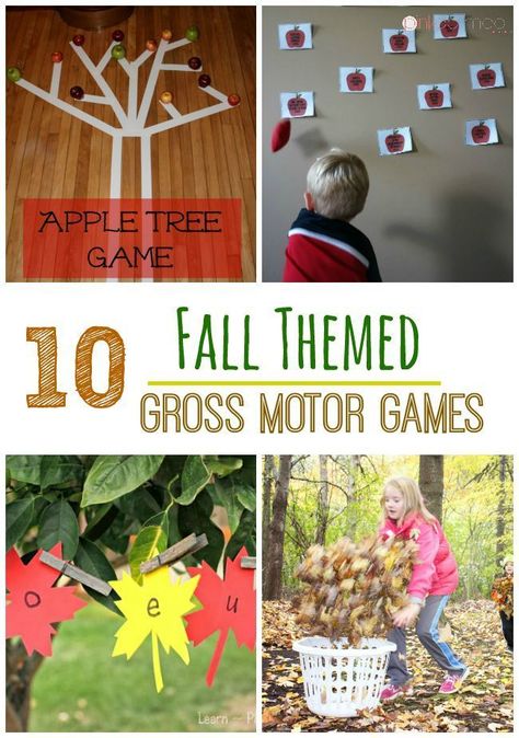 10 Fall Themed Gross Motor Games.  Fun fall games using gross motor skills.  I love how clever the apple game is! - Pink Oatmeal Preschool Gross Motor, Gross Motor Games, Animals Preschool, Fall Lesson Plans, Gross Motor Activity, Pediatric Physical Therapy, Motor Planning, Fall Lessons, Fall Games