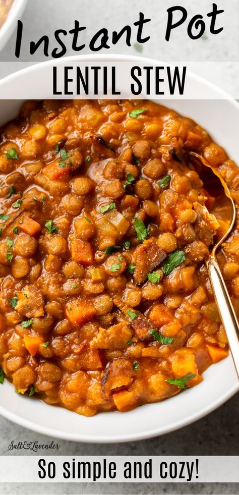 This easy Instant Pot lentil stew recipe is hearty, comforting, and so simple to make in your electric pressure cooker. It uses everyday ingredients and is and loaded with bacon! Pressure Cooker Lentils, Lentil Chili Recipe, Lentils Instant Pot, Lentil Stew Recipes, Lentil Recipes Easy, Lentil Recipes Healthy, Instant Pot Stew, Red Lentil Recipes, Pressure Cooking Recipes