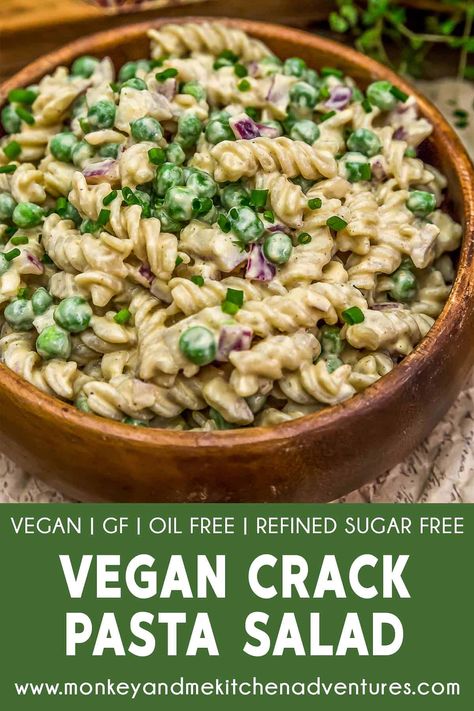 Kick up your pasta salad game with this creamy, delicious Vegan Crack Pasta Salad. Perfect for work lunches, picnics, potlucks, tailgates, and so much more! #vegan #oilfree #glutenfree #plantbased | monkeyandmekitchenadventures.com Vegan Recipes With Beans, Vegan Potluck Recipes, Monkey And Me Kitchen Adventures, Monkey And Me, Vegan Recepies, Vegan Pasta Salad, Vegan Salads, Best Pasta Salad, Work Lunches