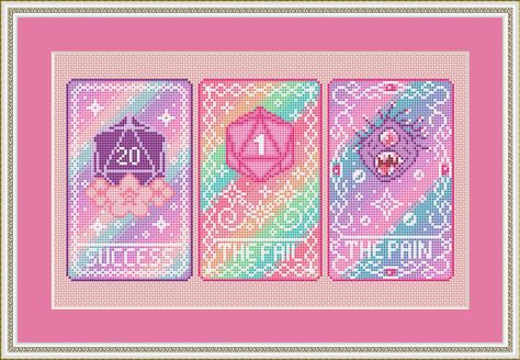 DnD Tarot Cross Stitch Pattern Set, Dice Cross Stitch, D20 Cross Stitch, D1 Cross Stitch, Pastel Cross Stitch, Witchy Cross Stitch, Kawaii Dnd Cross Stitch, Dragon Cross Stitch, Le Point, Dungeons And Dragons, Stitch Patterns, Cross Stitch Patterns, Cross Stitch, Pastel, Pattern