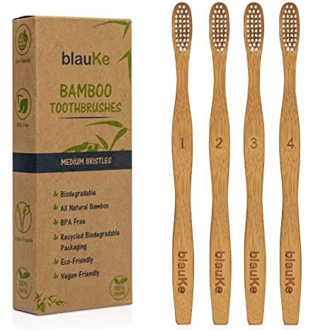 Amazon.com : BlauKe® Bamboo Toothbrushes Medium Bristles 4-Pack – Biodegradable, Sustainable, Compostable, Natural, Eco Friendly Wood Toothbrush Set : Health & Household Black Toothbrush, Zero Waste Packaging, Wooden Toothbrush, Charcoal Toothbrush, Charcoal Teeth Whitening, Bamboo Brush, Bamboo Toothbrush, Natural Teeth Whitening, Natural Teeth