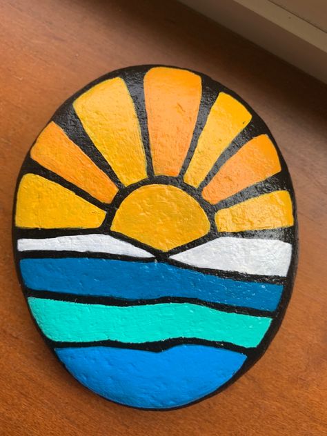 Sunrise Rock Painting Ideas, Outdoor Rock Painting, Colorful Rock Painting, Sunset Rock Painting Easy, Painted Rock Ideas For Garden, Cute Rocks Painted Ideas, Rock Inspo Painting, Rock Art Ideas Painted, Retro Rock Painting