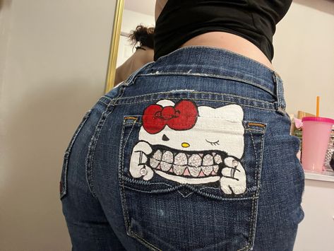 Cheap Cute Hello Kitty Pants, Bedazzled Pants Y2k, Hello Kitty Y2k Outfit, Custom Painted Jeans Y2k, Hello Kitty Flared Jeans, Low Rise Jeans Y2k Hello Kitty, Bleach Designs On Jeans, Hello Kitty Clothing, Hello Kitty Fit