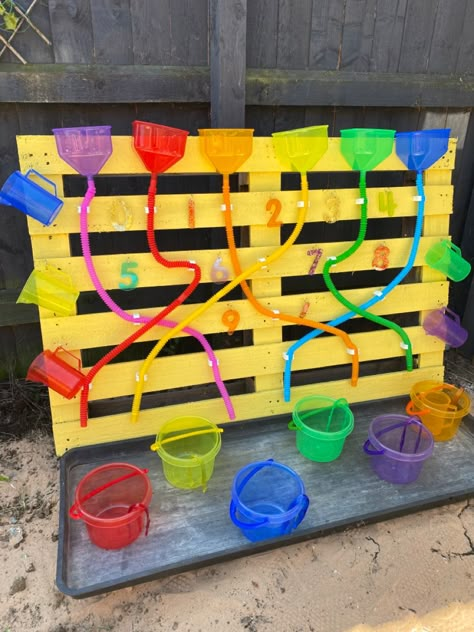 Pallet Water Wall Kids, Pallet Water Wall, Water Wall Eyfs, Water Wall Kids, Diy Water Wall For Kids, Outdoor Sensory Wall, Diy Water Play, Daycare Outdoor Play Area, Sensory Garden For Kids