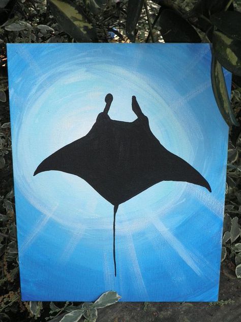 Stingray Silhouette, Stingray Painting, Painting Under The Sea, Underwater Paintings, Giant Manta, 8x10 Painting, Beach Quilt, Underwater Painting, Canvas Art Projects