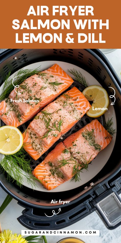 Cook up a flavorful and healthy meal with Air Fryer Salmon with Lemon and Dill! 🐟🍋 Crispy on the outside, tender on the inside, and bursting with fresh herbs. A quick and easy dinner idea you’ll love! Save this pin for your next recipe! 📌🌿 Salmon Seasoning Air Fryer, Easy Dinner Ideas Air Fryer, Air Fryer Salmon Lemon, Salmon In Air Fryer Recipe, Air Fryer Dinner Recipes Healthy, Air Frying Salmon, Air Fry Salmon Recipes, Air Fryer Recipes Fish, Airfryer Salmon Recipes