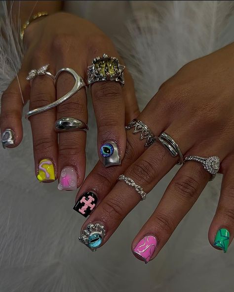 3d Overlay, Short Nail Set, Shiny Nails Designs, Overlay Nails, Hippie Nails, Hard Nails, Dope Nail Designs, Short Square Acrylic Nails, Exotic Nails