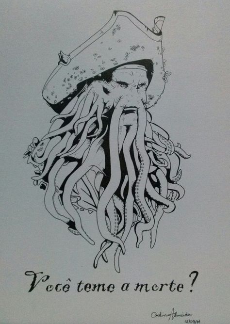 Davey Jones Tattoo, Davy Jones Drawing, Davy Jones Tattoo, Movie Character Drawings, Skull Drawing Sketches, Digimon Tattoo, Skateboard Artwork, Horror Movie Tattoos, Kaptan Jack Sparrow