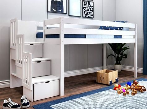 Loft beds are a wonderful addition to a room with limited space. Unlike a bunk bed with stairs, a loft bed is a raised bed that offers free space underneath it, space which can be used to place a desk, add some extra storage furniture, or even used to make a play spot for your... The post Consider a Loft Bed with Stairs Over a Bunk Bed appeared first on Home Decorating Trends - Homedit. Loft Twin Bed, Small Nursery Ideas, Low Loft Bed, Bunk Bed Mattress, Diy Loft, White Stairs, Small Nursery, Loft Bed Frame, Kids Loft