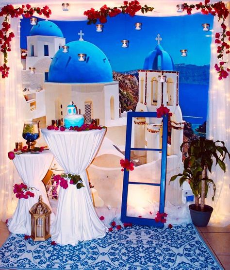 Greek Themed 50th Birthday, Mama Mia 50th Birthday, Mamma Mia 50th Party, Santorini Party Decorations, Greece Theme Decor, Santorini Birthday Theme, Greece Birthday Theme, Greek Party Decor, Mama Mia Bridal Shower Ideas