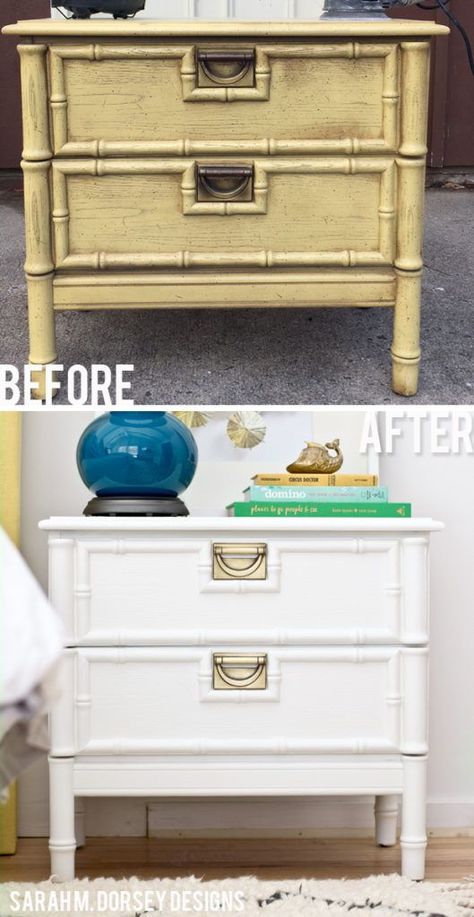 Faux Bamboo Nightstand | Before + After - Dorsey Designs Bamboo Furniture Makeover, Bamboo Nightstand, Bamboo Furniture Diy, Bamboo Dresser, Revamp Furniture, Painted Bamboo, Diy Nightstand, Bamboo Crafts, Bamboo Furniture