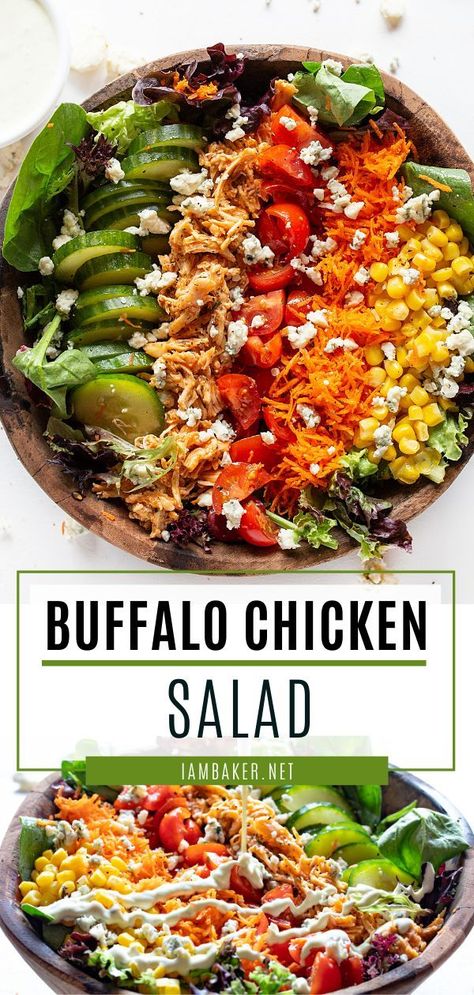 Buffalo Chicken Salad is a healthy spring recipe! Juicy shredded buffalo chicken is piled over a bed of crisp and fresh vegetables, all covered in a homemade ranch dressing and topped with blue cheese crumbles. A spring season food packed with flavor! Save this and try it! Salad With Buffalo Chicken, Salad Recipes Pear, Pear Pasta, Winter Panzanella Salad, Winter Panzanella, Spring Mix Salad Recipes, Best Tuna Salad Recipe, Salad Board, Buffalo Chicken Pasta Salad